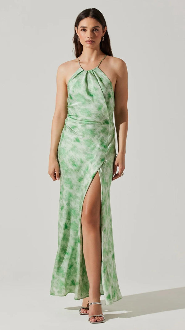 ELYNOR HALTER DRESS - Green Abstract