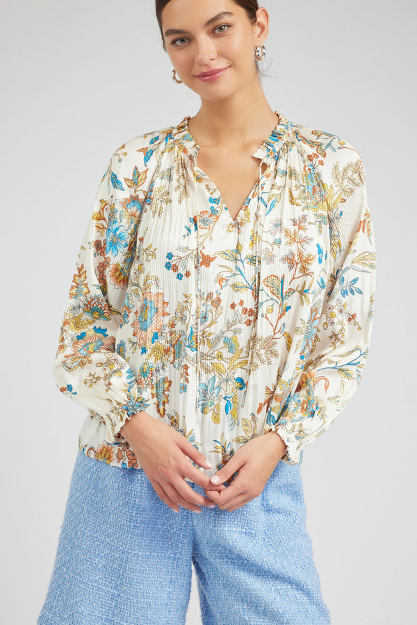 Floral Pleated Splitneck Blouse