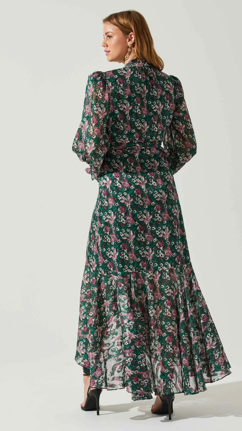 Kamila Long Sleeve Wrap Dress - Green Pink Floral