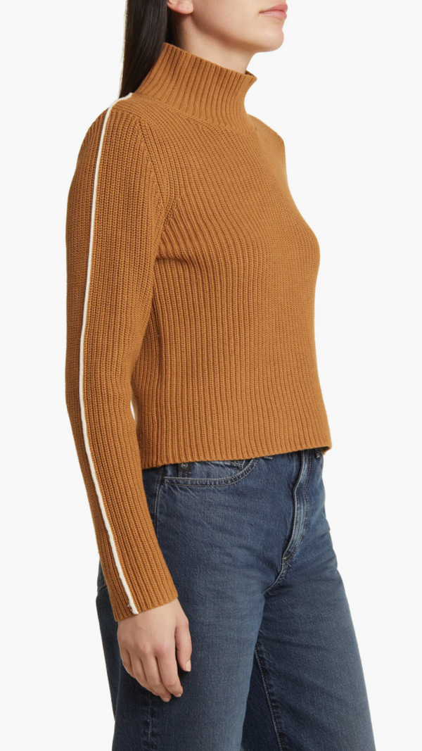 French Connection Mozart Contrast Stripe Turtleneck Sweater in TOBACCO