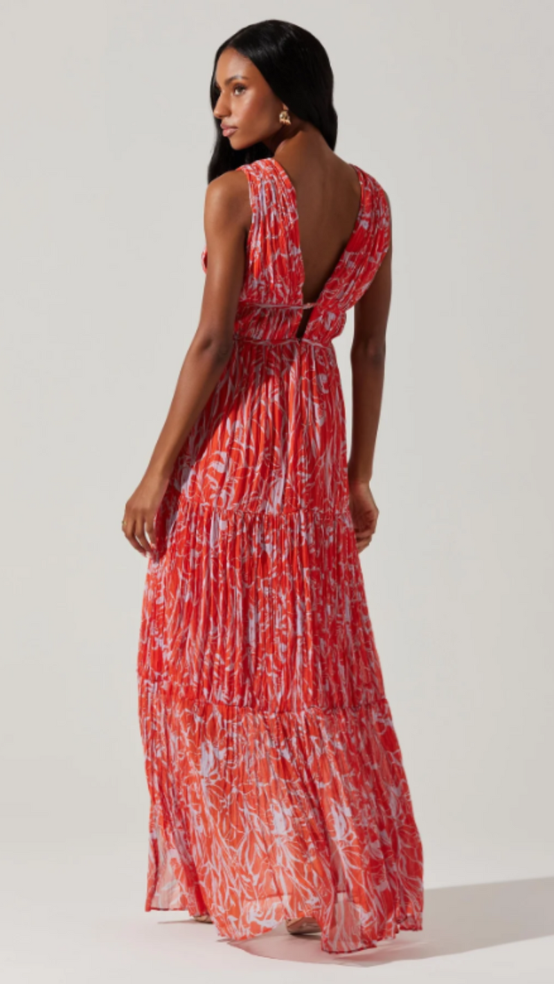 Pescadero Pleated Maxi Dress - Red Orange Abstract