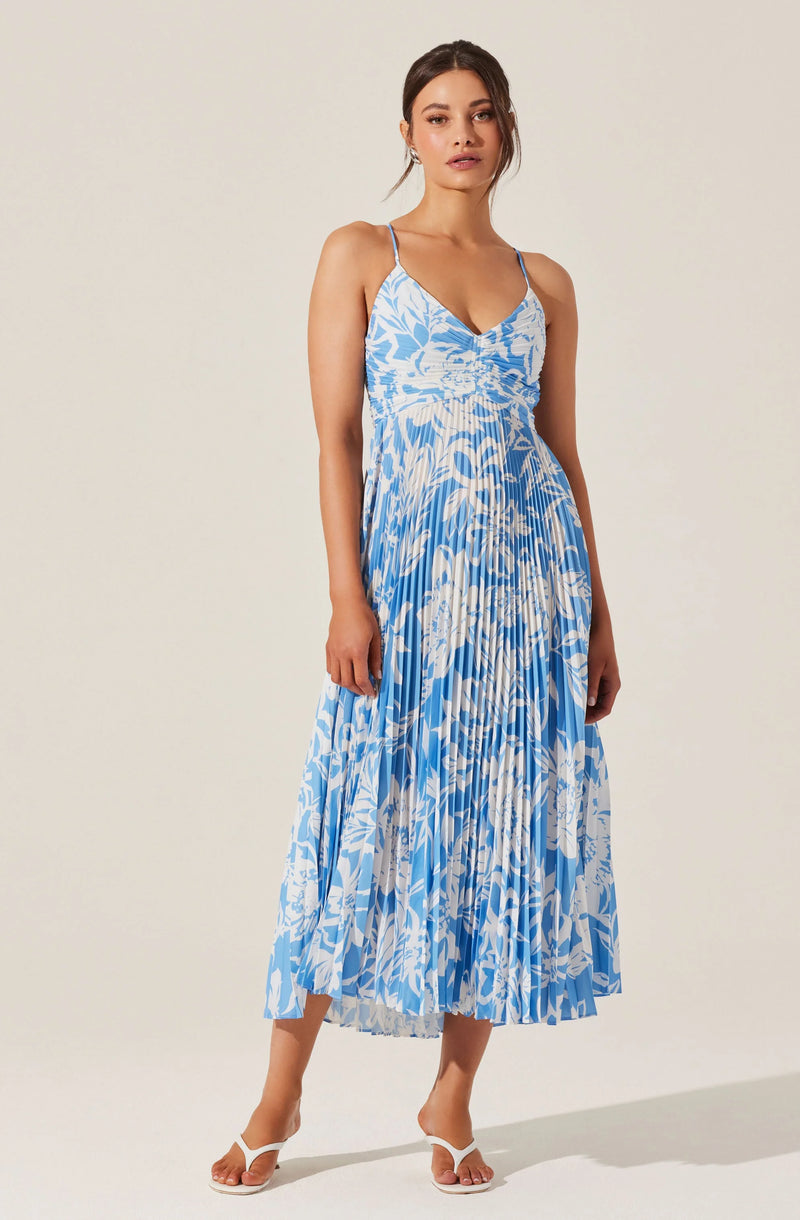 Blythe Floral Plisse Midi Dress - Blue Floral