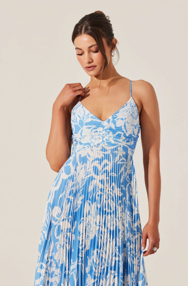 Blythe Floral Plisse Midi Dress - Blue Floral