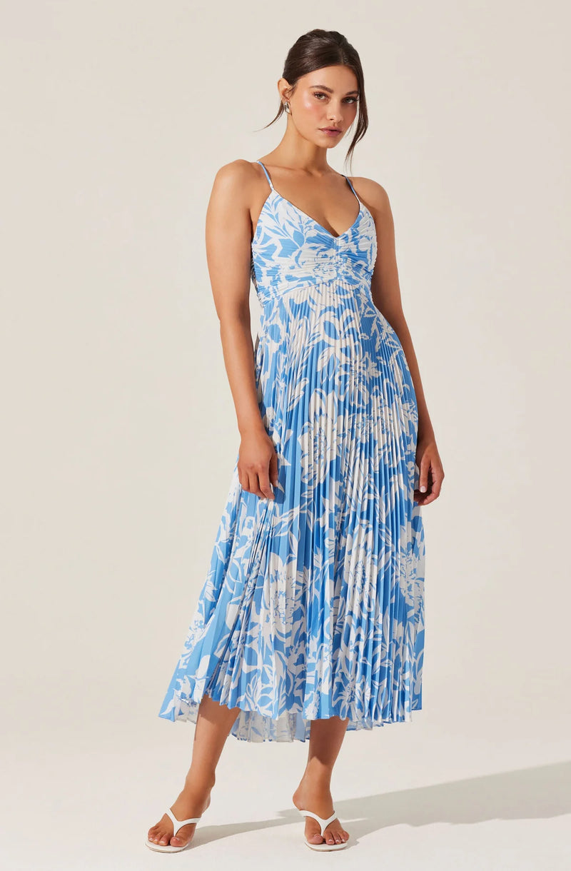 Blythe Floral Plisse Midi Dress - Blue Floral