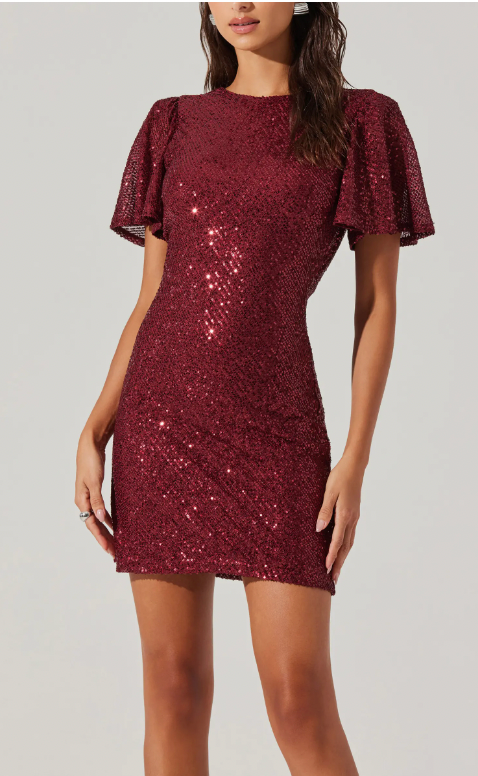 Sequin Flutter Sleeve Minidress - Wine