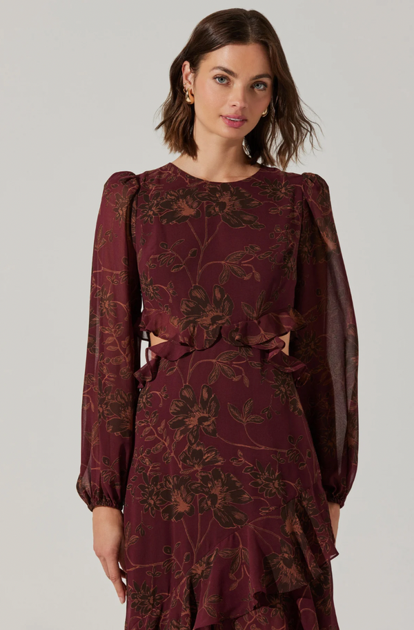 Biella Ruffle Floral Maxi Dress - Plum Brown Floral