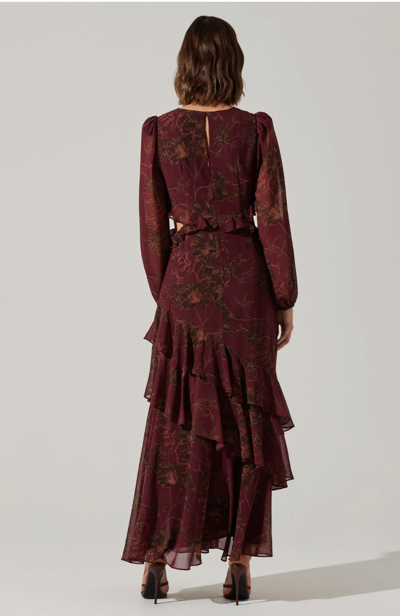 Biella Ruffle Floral Maxi Dress - Plum Brown Floral