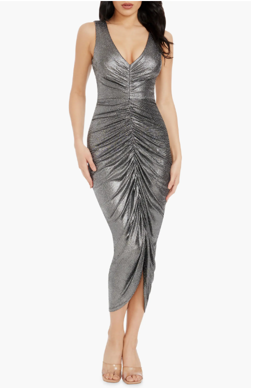 Britt Metallic Center Ruched Sheath Gown