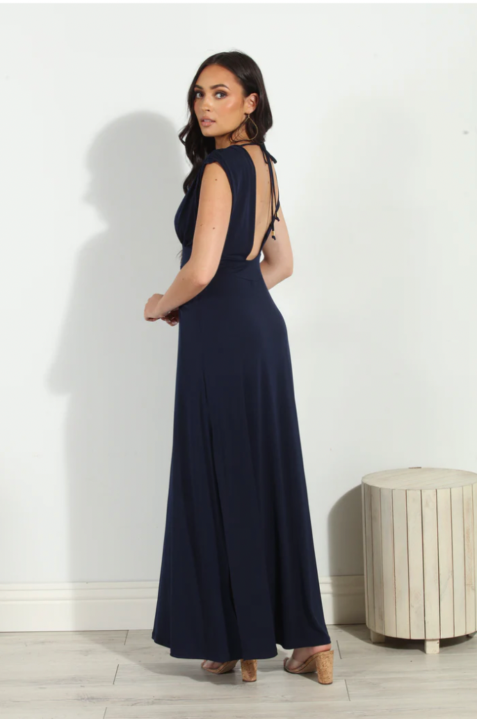 Navy Stretch Deep V Maxi Dress