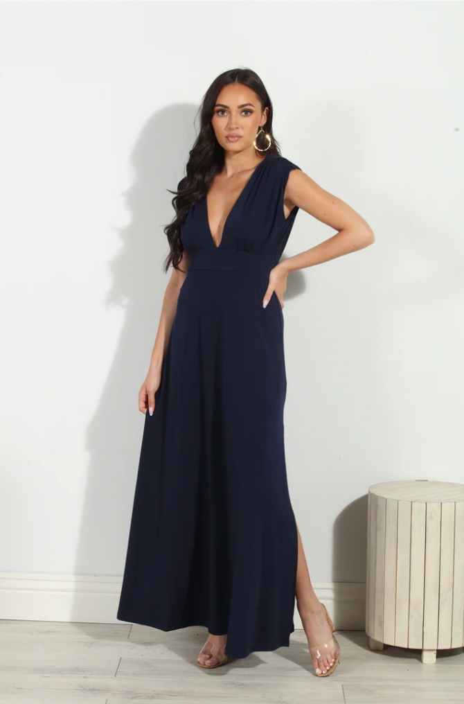 Navy Stretch Deep V Maxi Dress