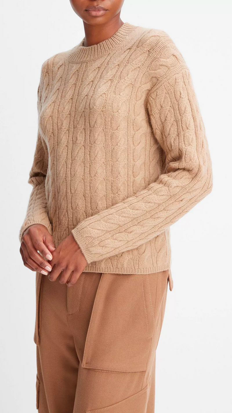 TWISTED CABLE KNIT CREW NECK SWEATER - CASHEW - FINAL SALE