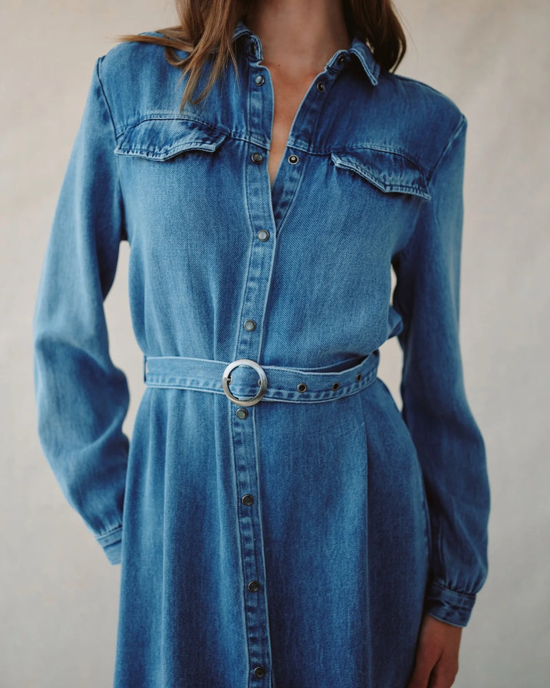 Flap Pocket Belted Shirt Dress - Medium Vintage Wash