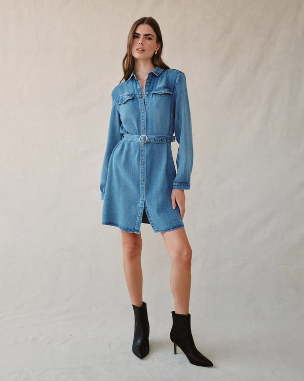 Flap Pocket Belted Shirt Dress - Medium Vintage Wash