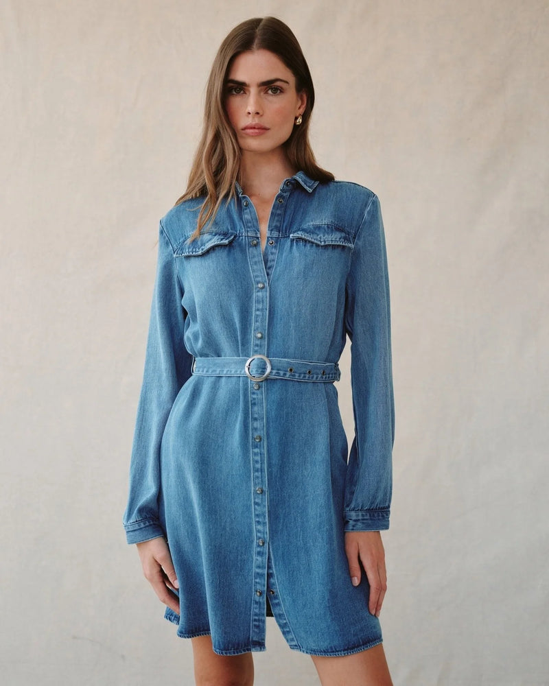 Flap Pocket Belted Shirt Dress - Medium Vintage Wash