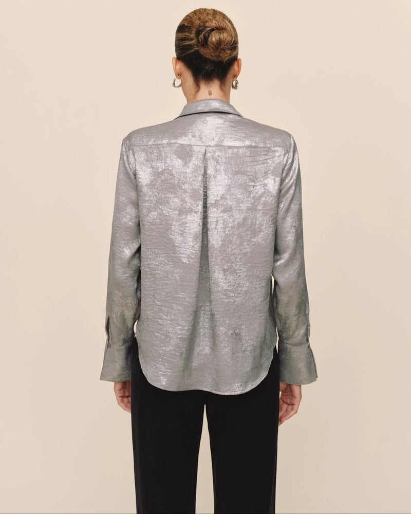 Flowy Wide Collar Button Down - Silver Distress Foil