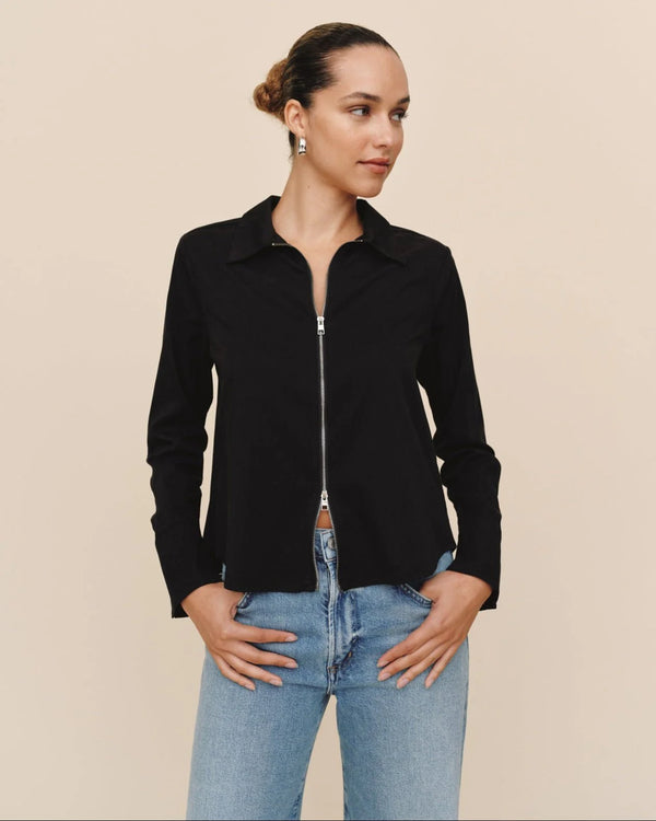 Long Sleeve Zip Front Shirt - Black