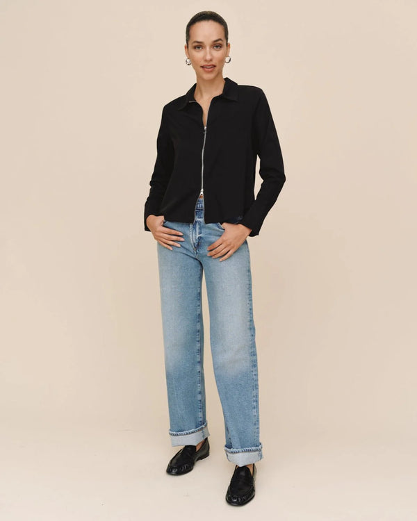 Long Sleeve Zip Front Shirt - Black