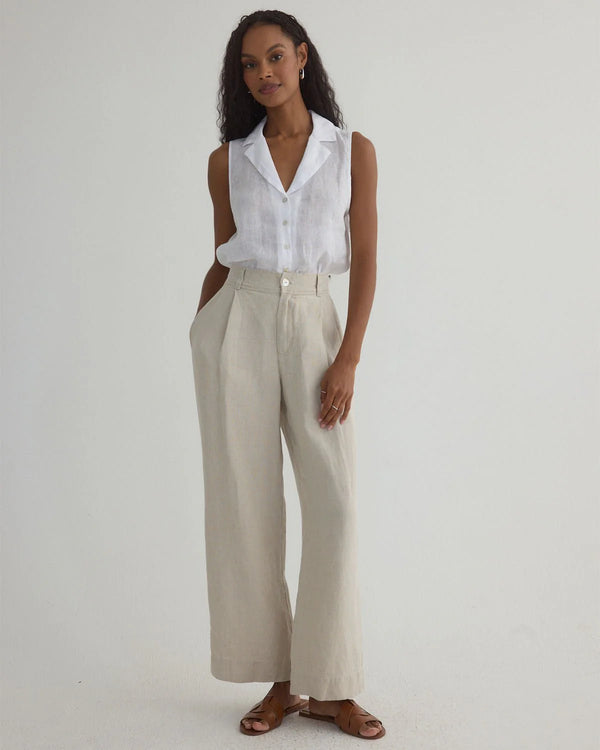 Luxe Linen Pleated Wide Leg Ankle Pant - Linen Sand