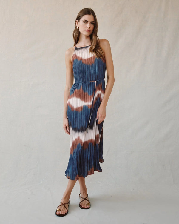 Pleated Midi Dress with Side Slit- Midnight Tides Print