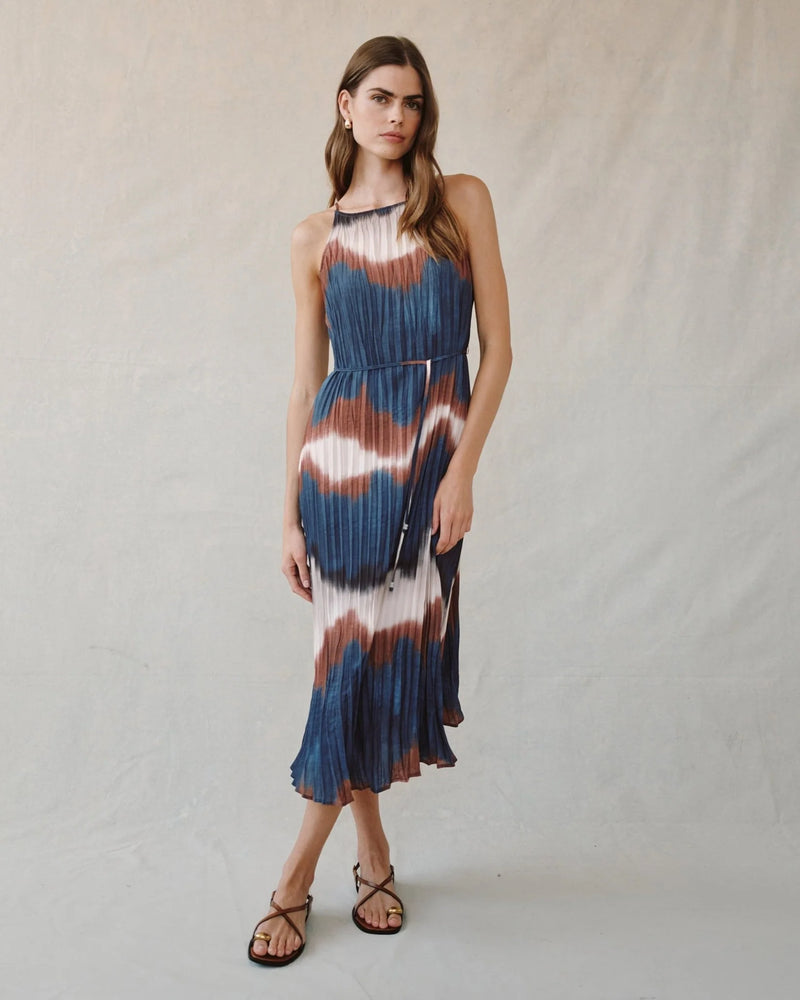 Pleated Midi Dress with Side Slit- Midnight Tides Print