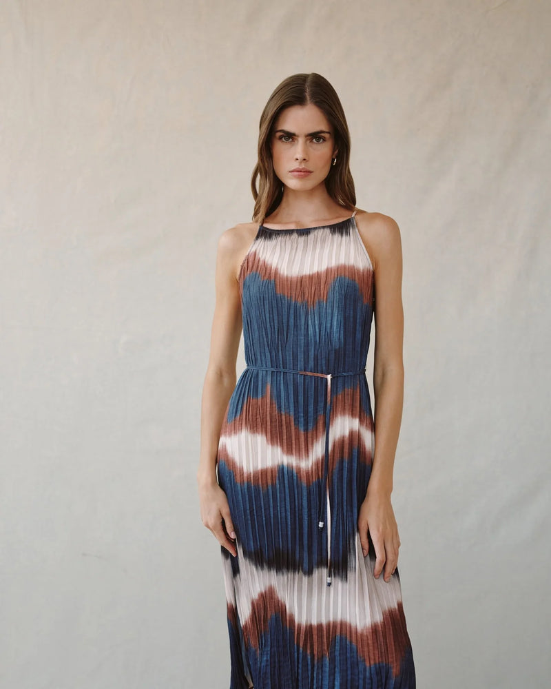 Pleated Midi Dress with Side Slit- Midnight Tides Print