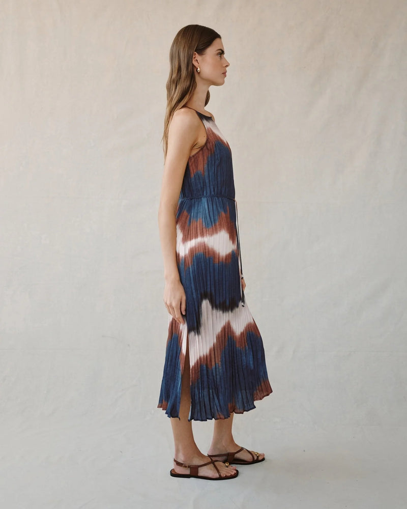 Pleated Midi Dress with Side Slit- Midnight Tides Print