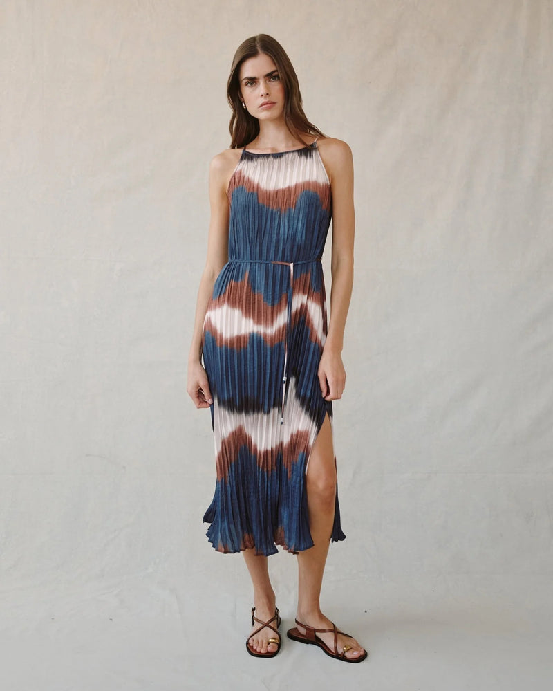 Pleated Midi Dress with Side Slit- Midnight Tides Print