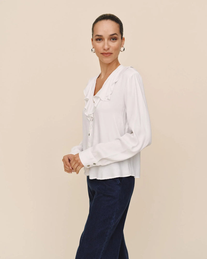 Ruffle V Neck Button Up - White