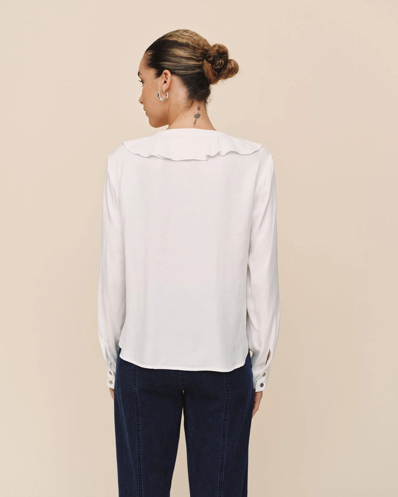 Ruffle V Neck Button Up - White