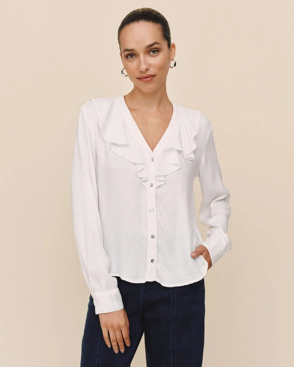 Ruffle V Neck Button Up - White