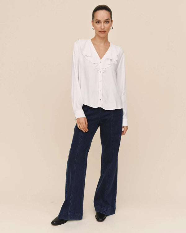Ruffle V Neck Button Up - White