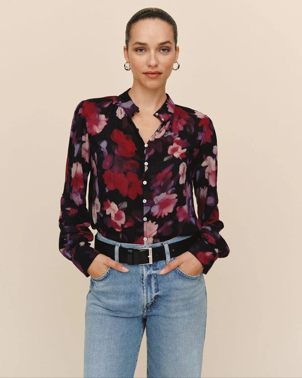 Shirred Button Up Blouse - Berry Bloom Print