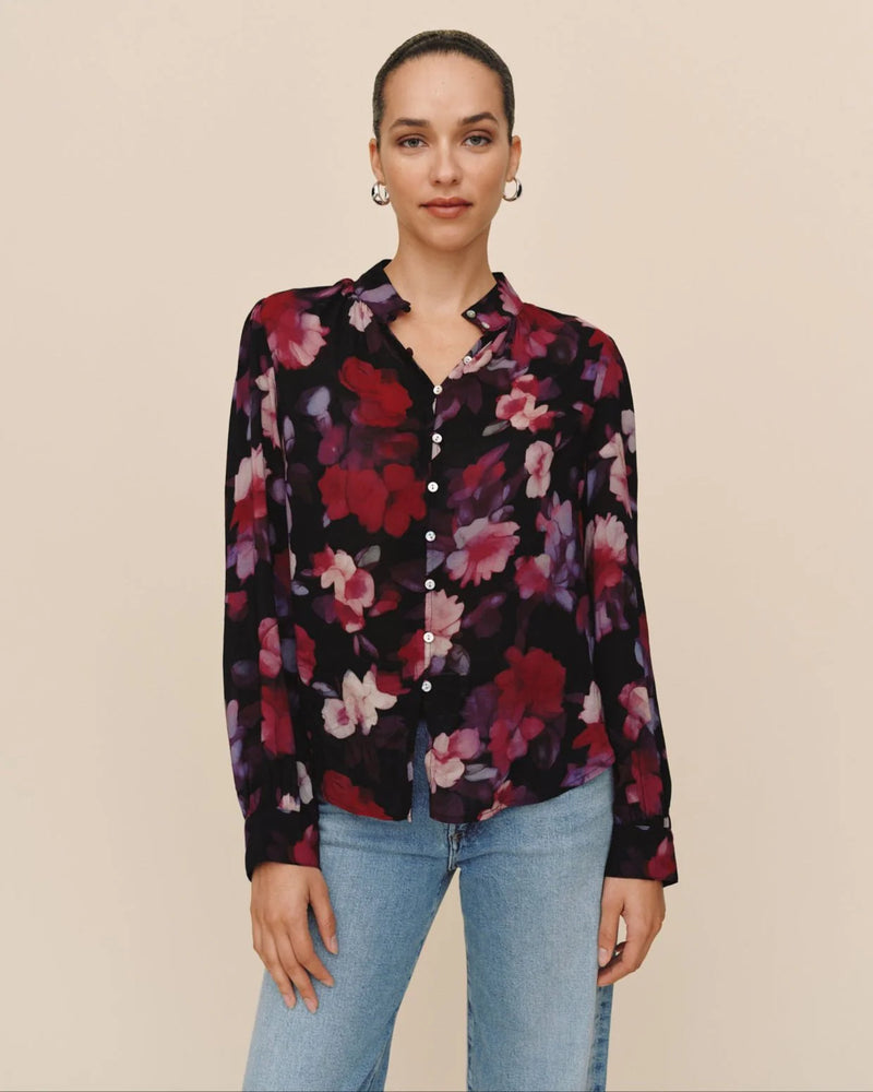 Shirred Button Up Blouse - Berry Bloom Print