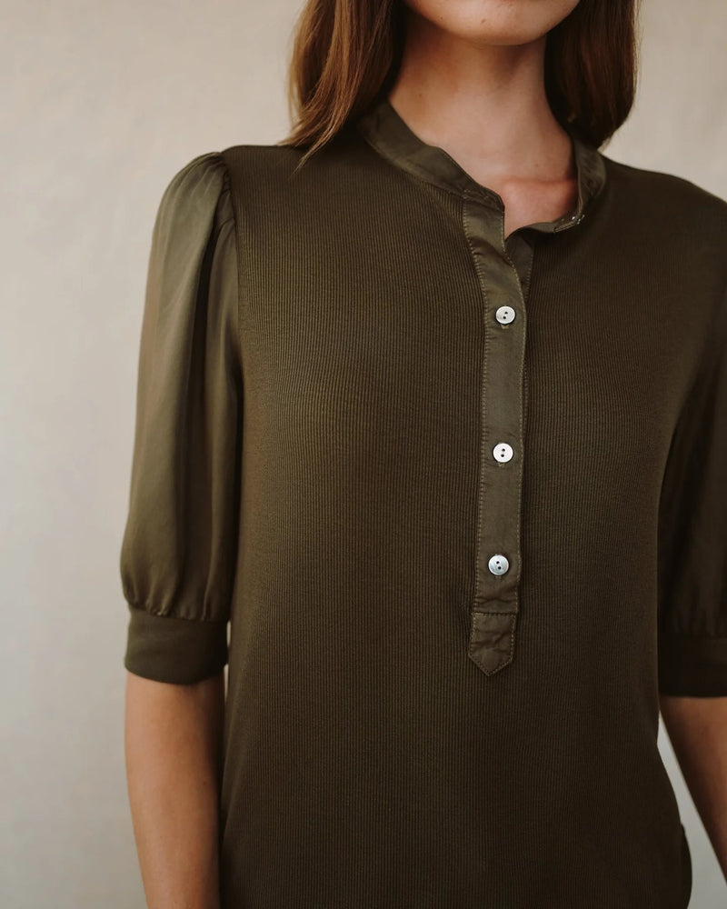 Short Sleeve Placket Mixed Shirt- Ivy Green