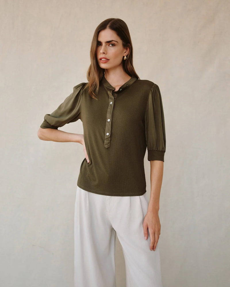 Short Sleeve Placket Mixed Shirt- Ivy Green