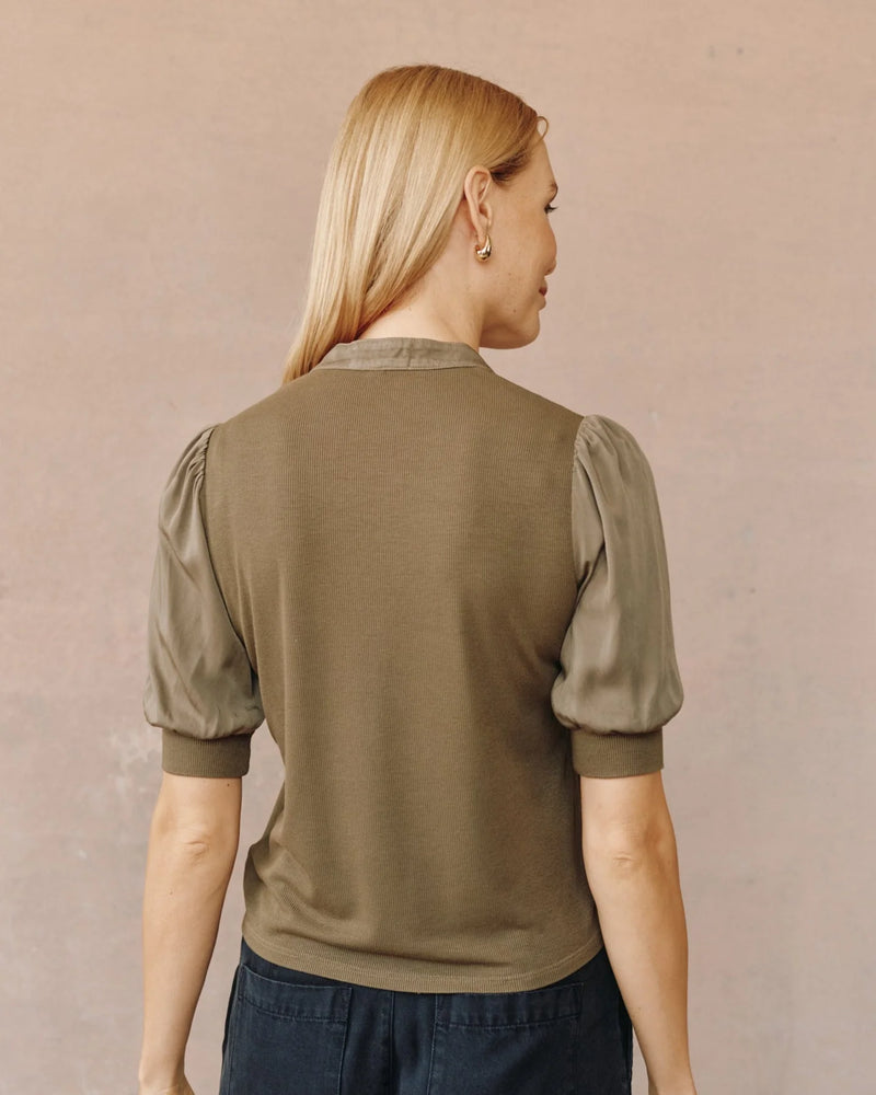 Short Sleeve Placket Mixed Shirt- Ivy Green
