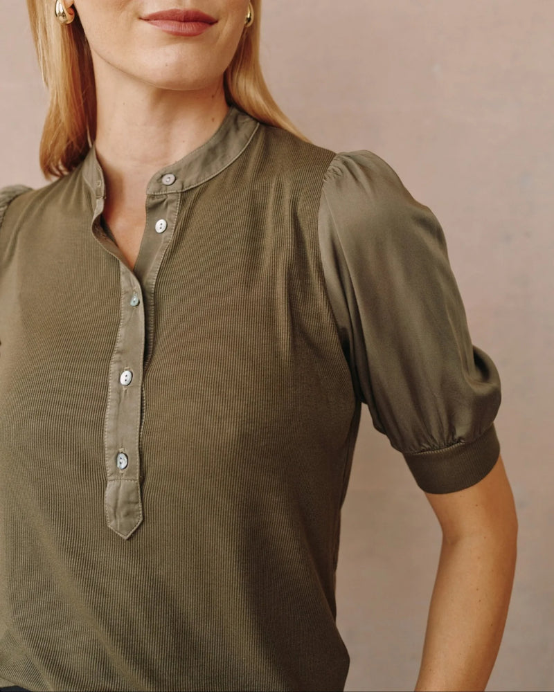 Short Sleeve Placket Mixed Shirt- Ivy Green