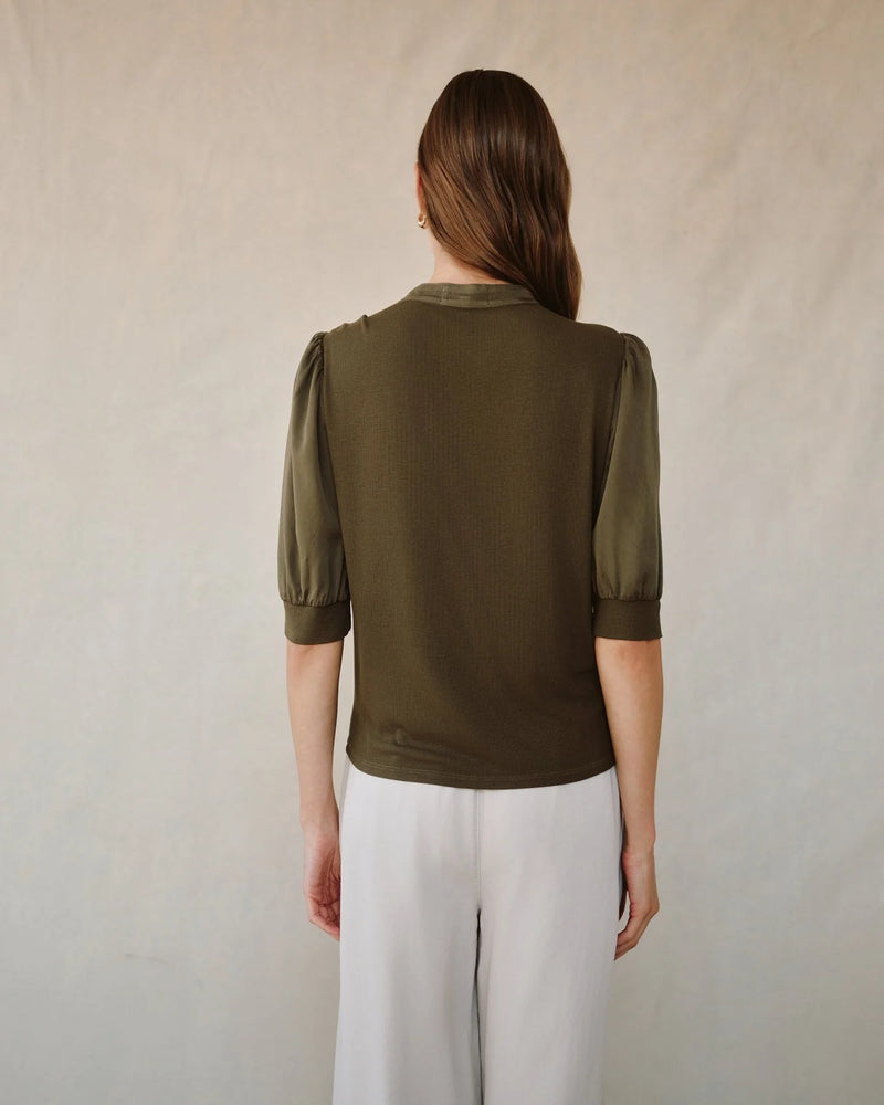 Short Sleeve Placket Mixed Shirt- Ivy Green
