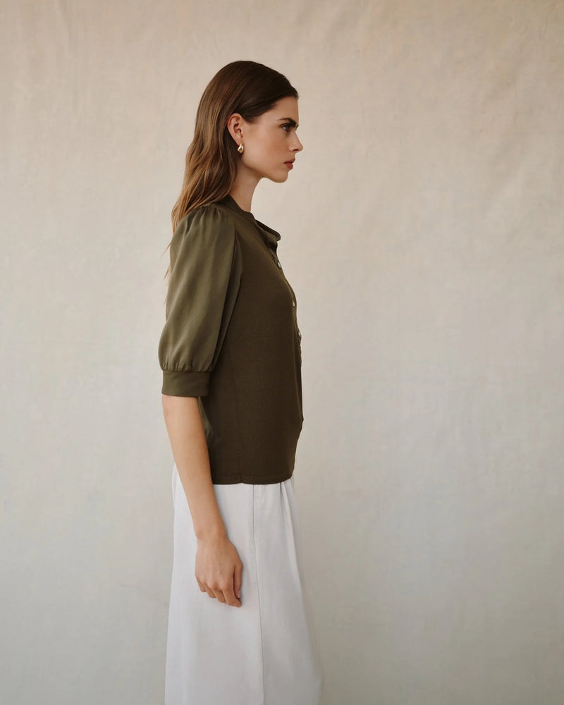 Short Sleeve Placket Mixed Shirt- Ivy Green