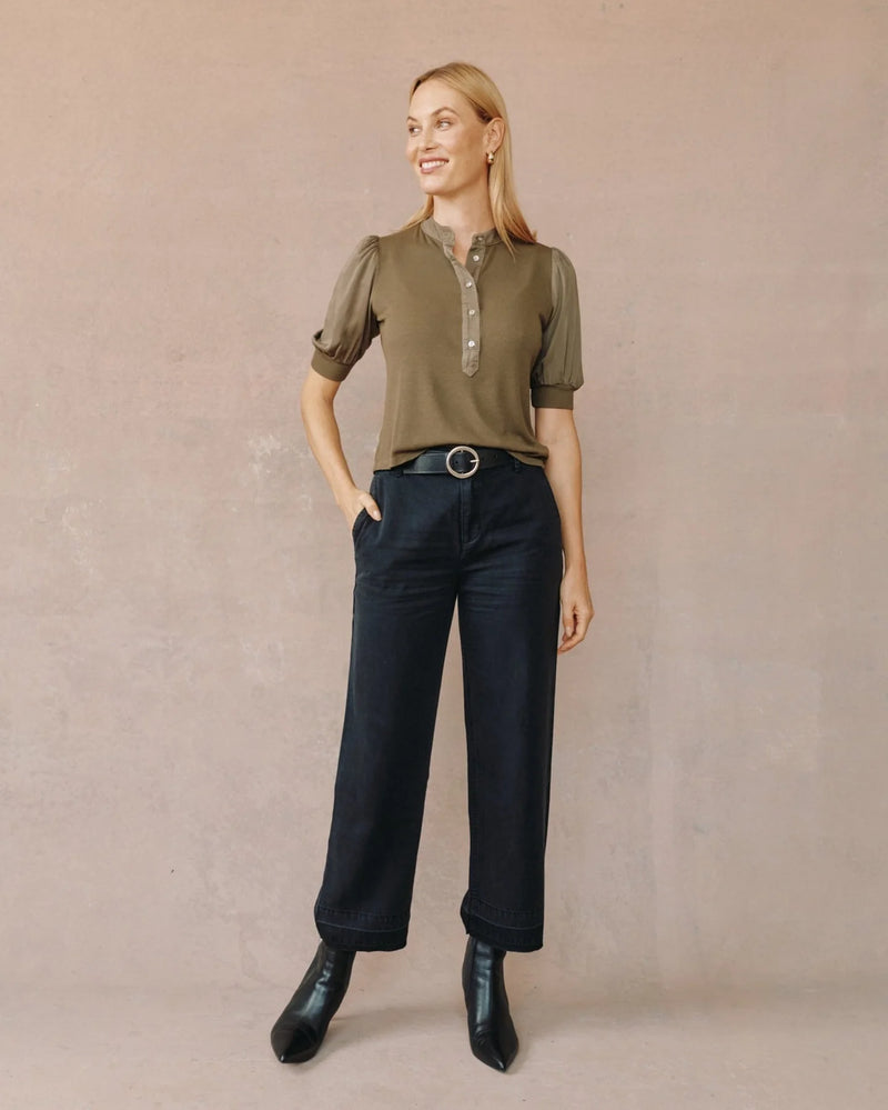 Short Sleeve Placket Mixed Shirt- Ivy Green