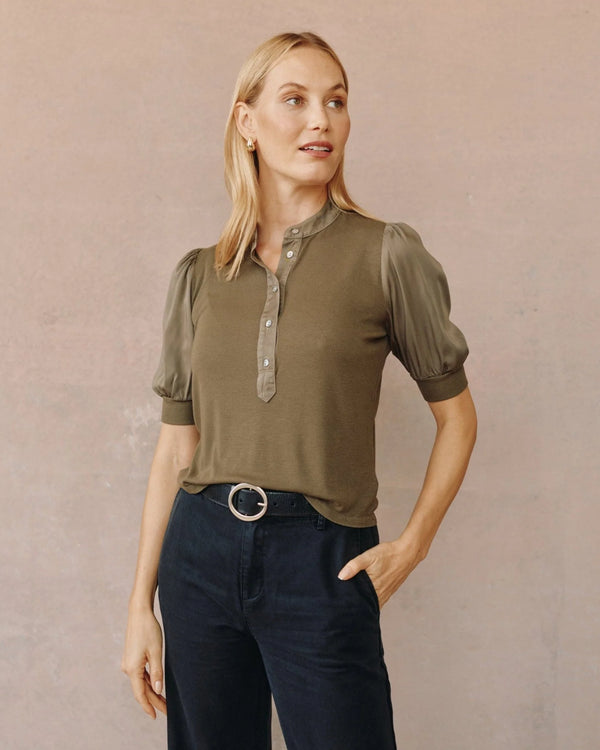 Short Sleeve Placket Mixed Shirt- Ivy Green