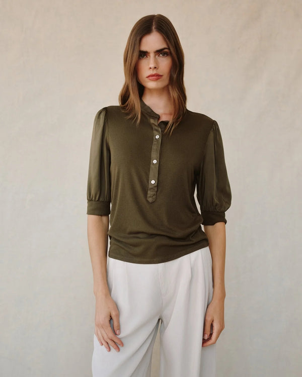 Short Sleeve Placket Mixed Shirt- Ivy Green