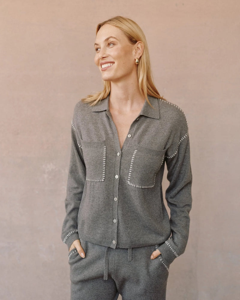 Whip Stitched Pocket Button Sweater - Heather Smoke