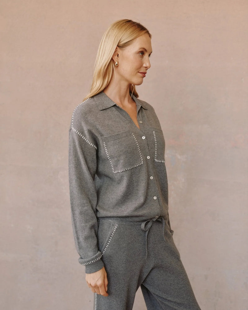Whip Stitched Pocket Button Sweater - Heather Smoke