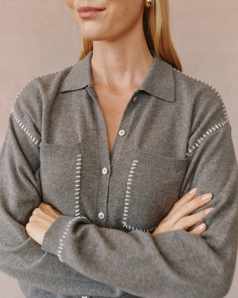 Whip Stitched Pocket Button Sweater - Heather Smoke